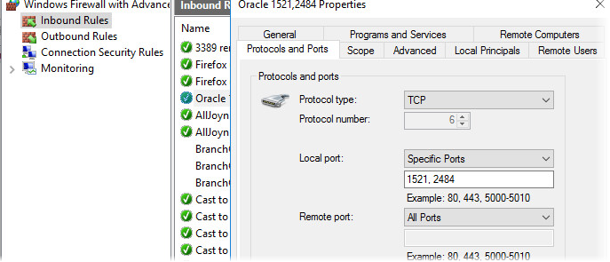 Windows Firewall window with Inbound Rules selected in left panel and Oracle Properties dialog box open with the Protocols and Ports tab displayed